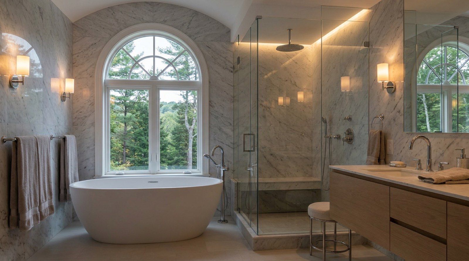 Luxury bathroom renovation Massachusetts — marble tile