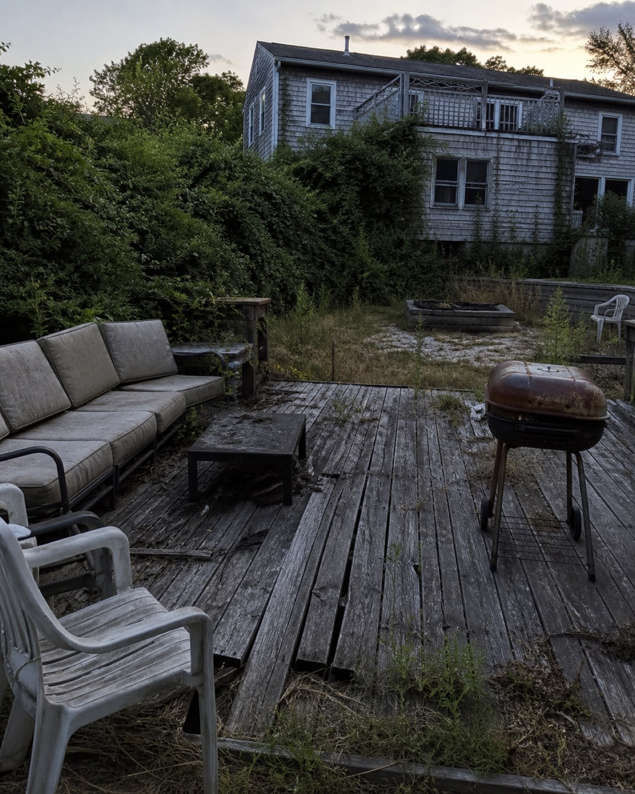 Before: neglected backyard with rotting deck Brookline MA, ready for outdoor living transformation