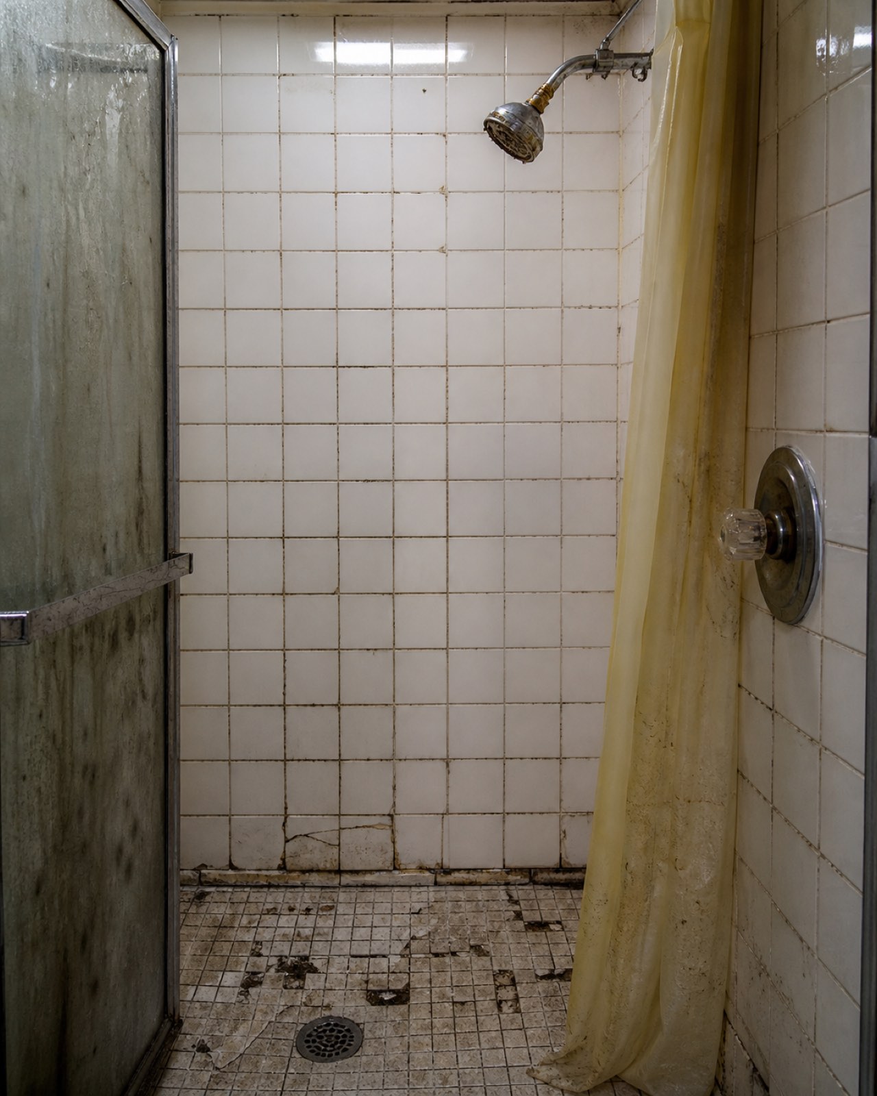 Before: old neglected ceramic-tile shower Weston MA, ready for premium stone & masonry transformation
