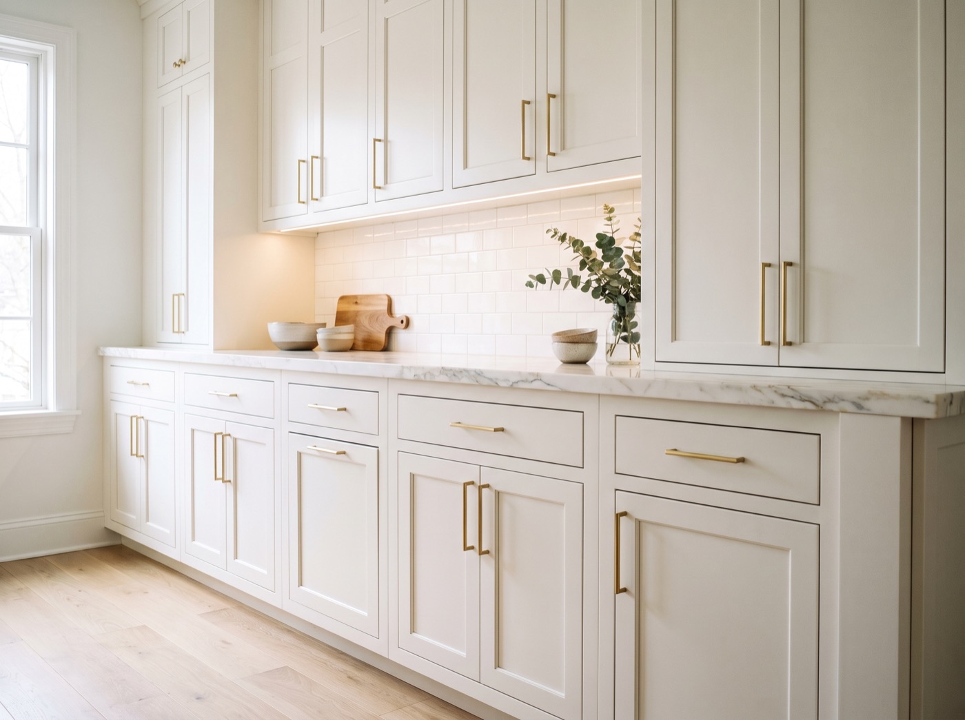 Weston Classic White shaker kitchen cabinets in painted maple with brass bar pulls and a Calacatta marble countertop